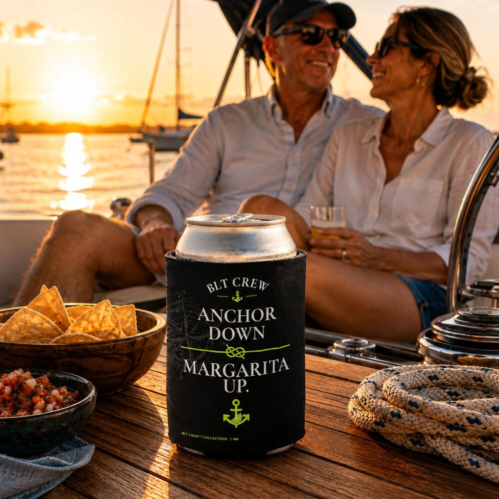 BLT Crew Anchor Down. Margarita Up. can cooler on a sailboat at sunset